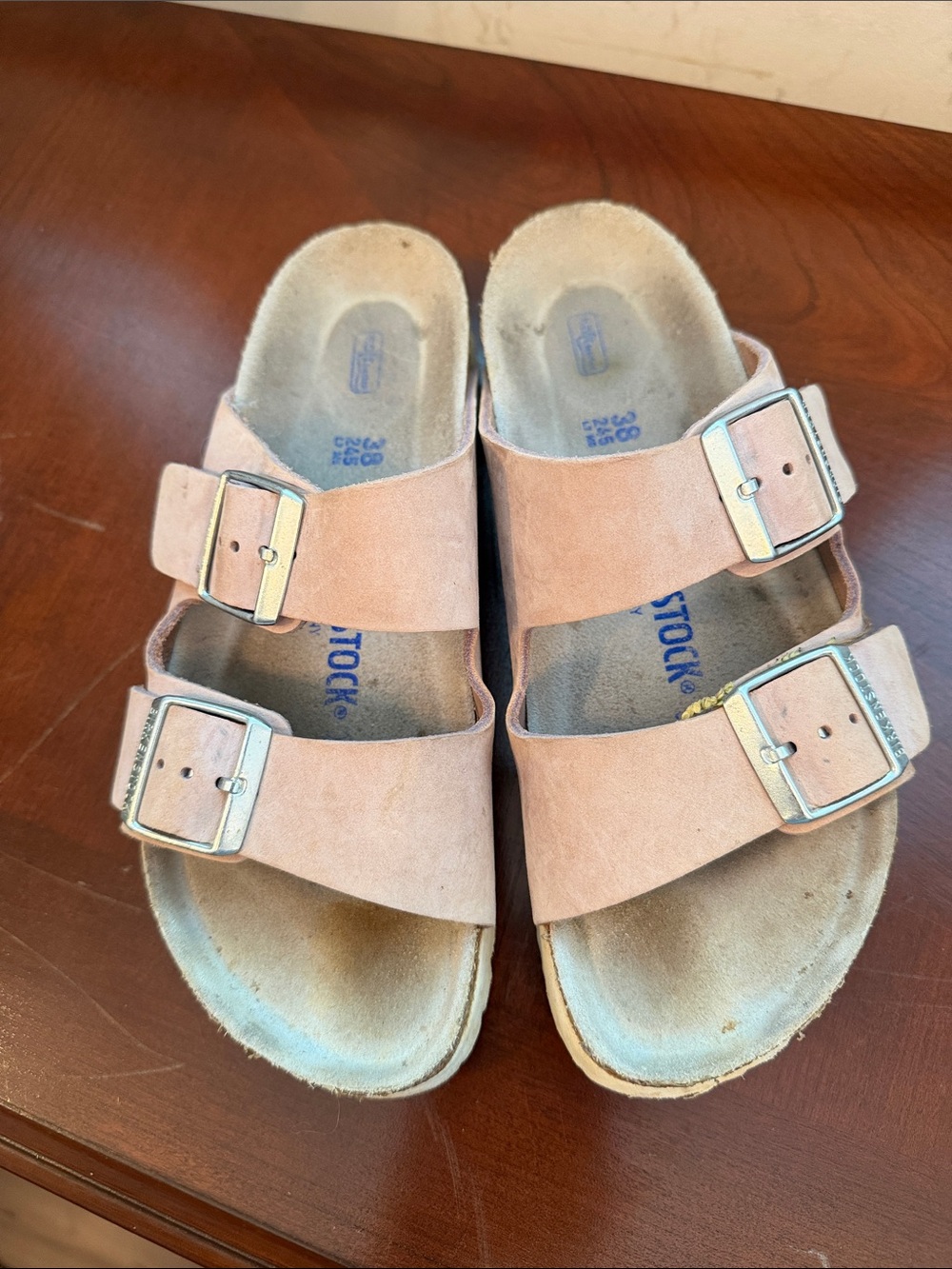 Birkenstock womens Suede Double-Buckle Sandals in Blush Pink/tan with white trim